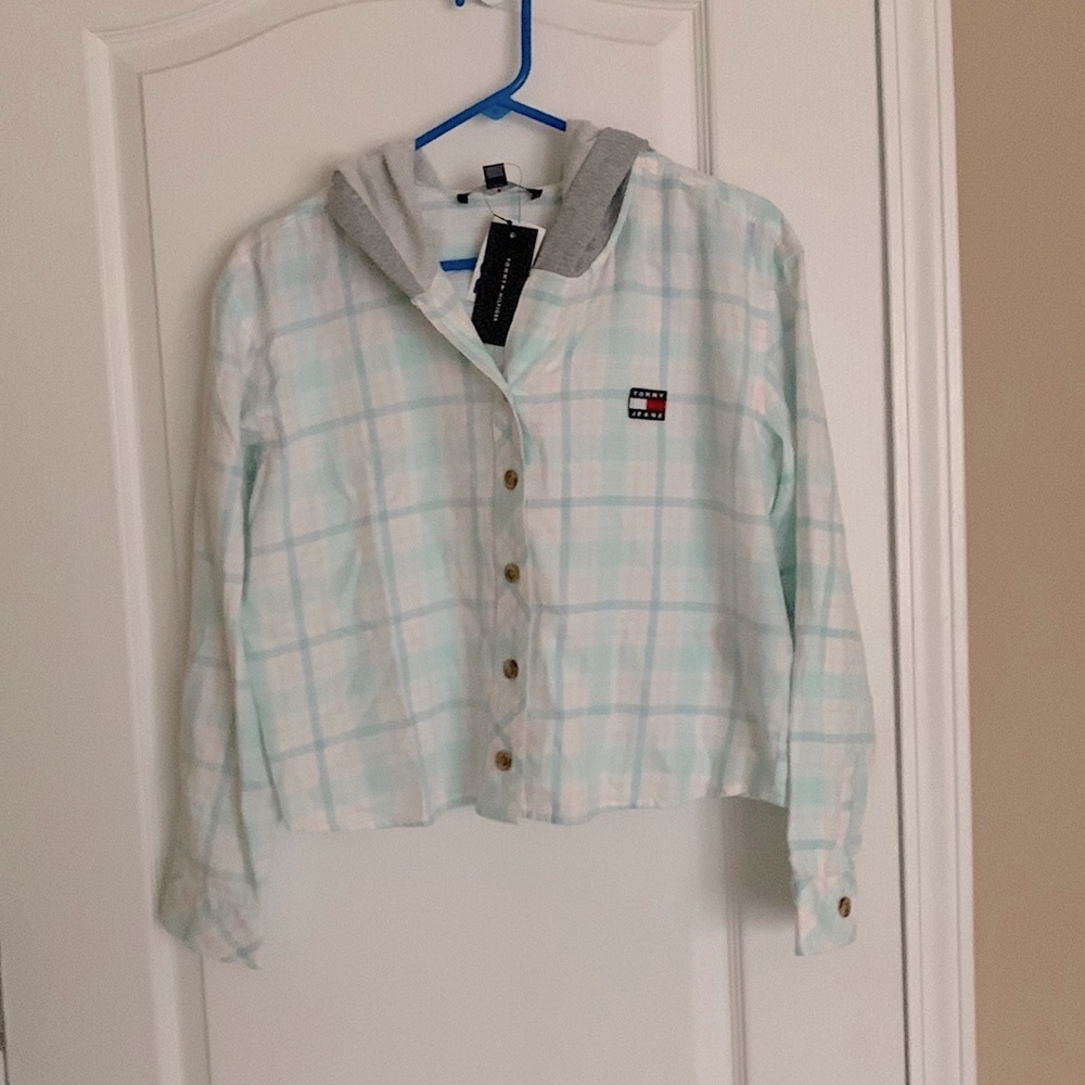 Tommy Hilfiger top fashion jacket poll over button up checkered hooded NWT